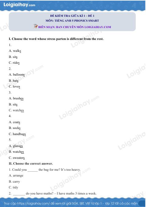 Đề thi giữa kì 1 Tiếng Anh 5 Phonics Smart - Đề số 1